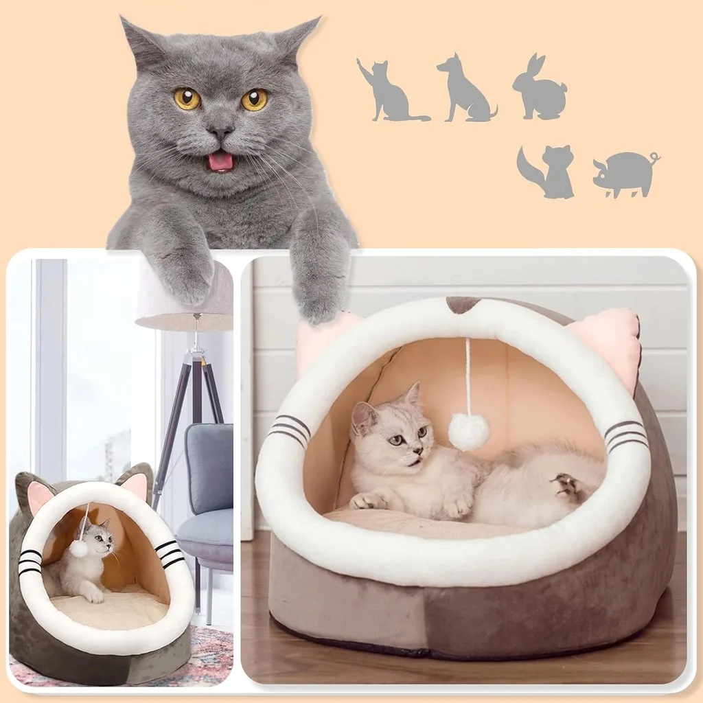 Cama Cabana Pet Formato de Gato Toca com Bolinha Interativa